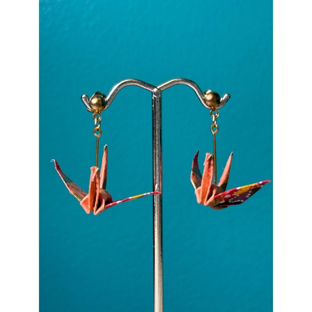 Origami Crane Earrings Red Orange Gold Paper Washi Japanese Handmade Bird Animal